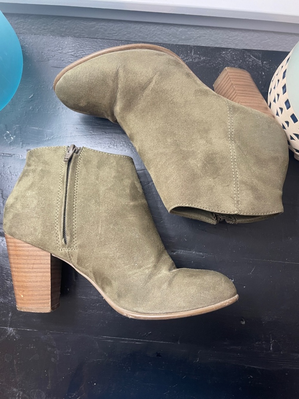 Old Navy Olive Suede Ankle Booties with Stacked Heel - Picture 5 of 7